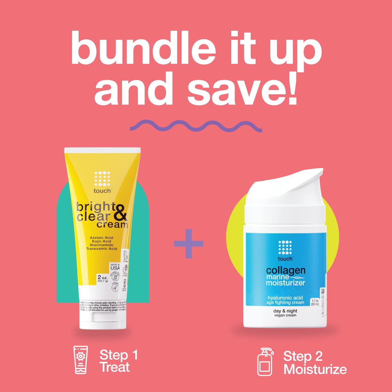 TOUCH Radiance Cream bottle displays Made in USA badge and clean formula.