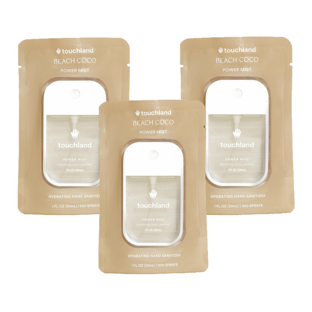 Touchland Beach Coco Trio front view with three travel mists for on the go sanitizing