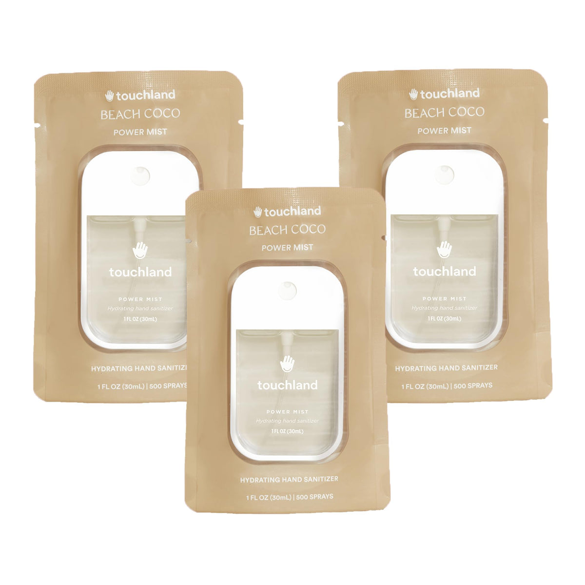 Touchland Beach Coco Trio front view with three travel mists for on the go sanitizing