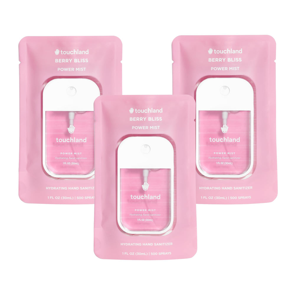 Touchland Berry Bliss Trio Set bottles, travel-friendly hydration for on-the-go sanitizing.