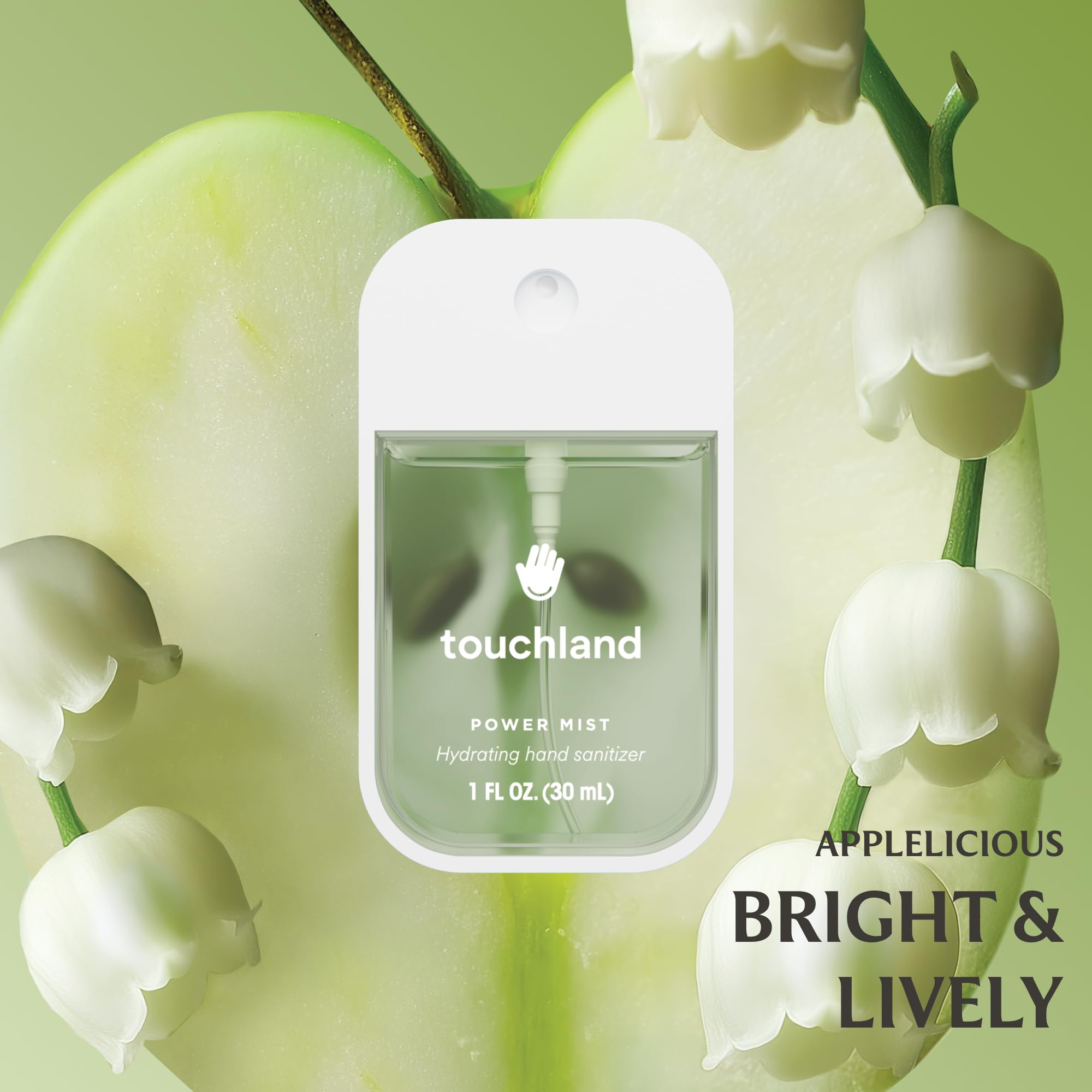 Touchland Blossom Velvet Peach spray shows vibrant color and hydrating mist.