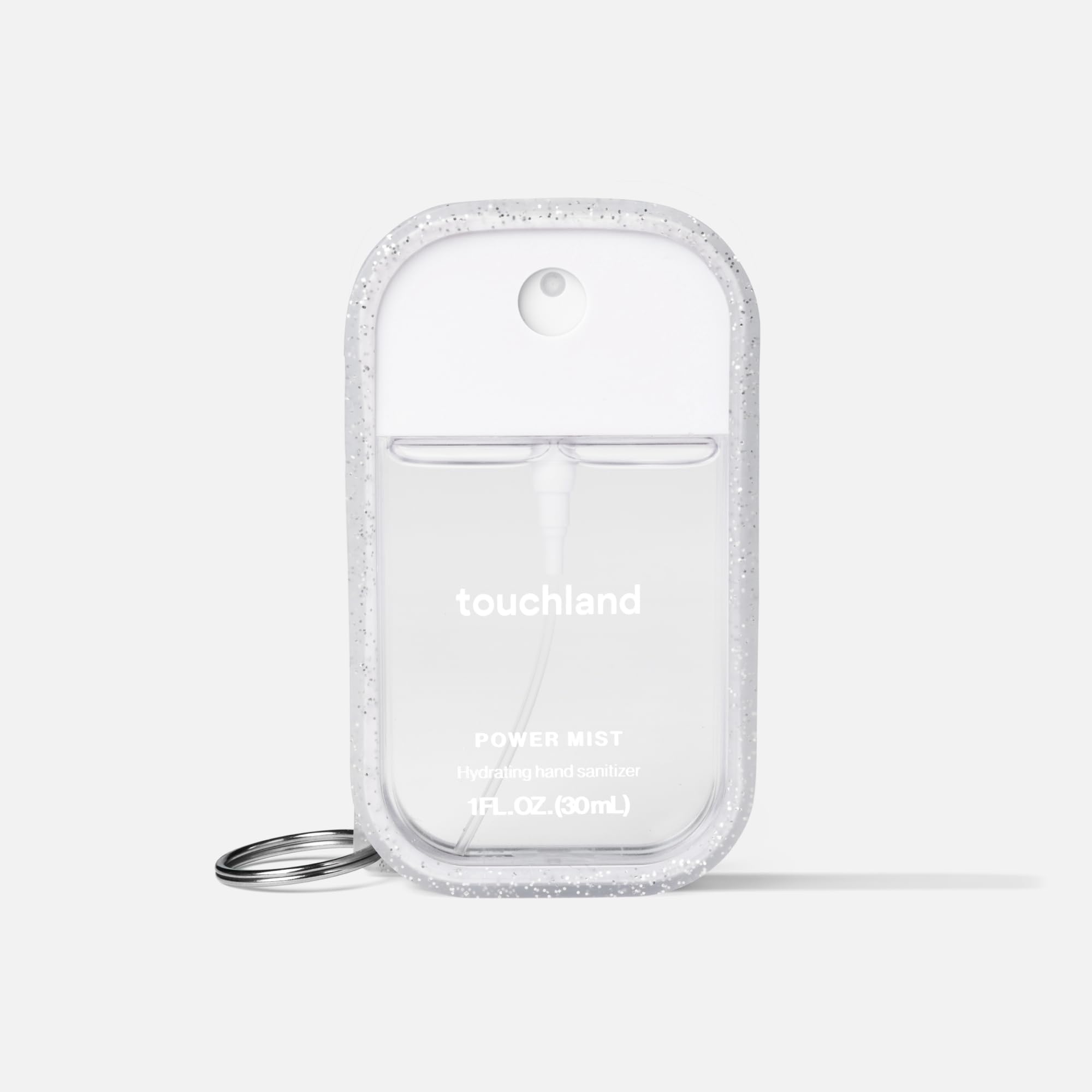 Touchland Frosted Sparkle case with keyring keeps sanitizer on the go