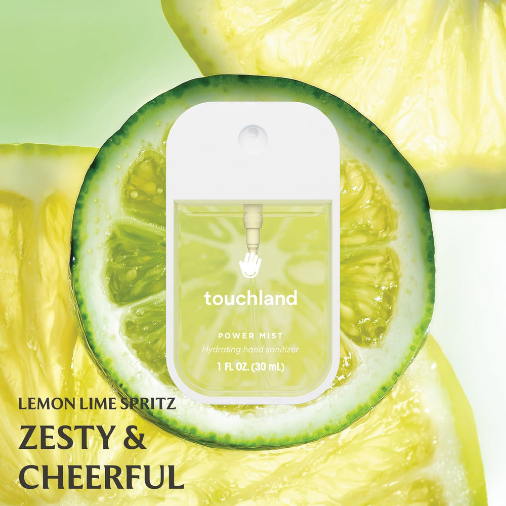 Touchland Hydrating Hand Sanitizer Spray Lemon Lime Spritz front view with zesty aroma.