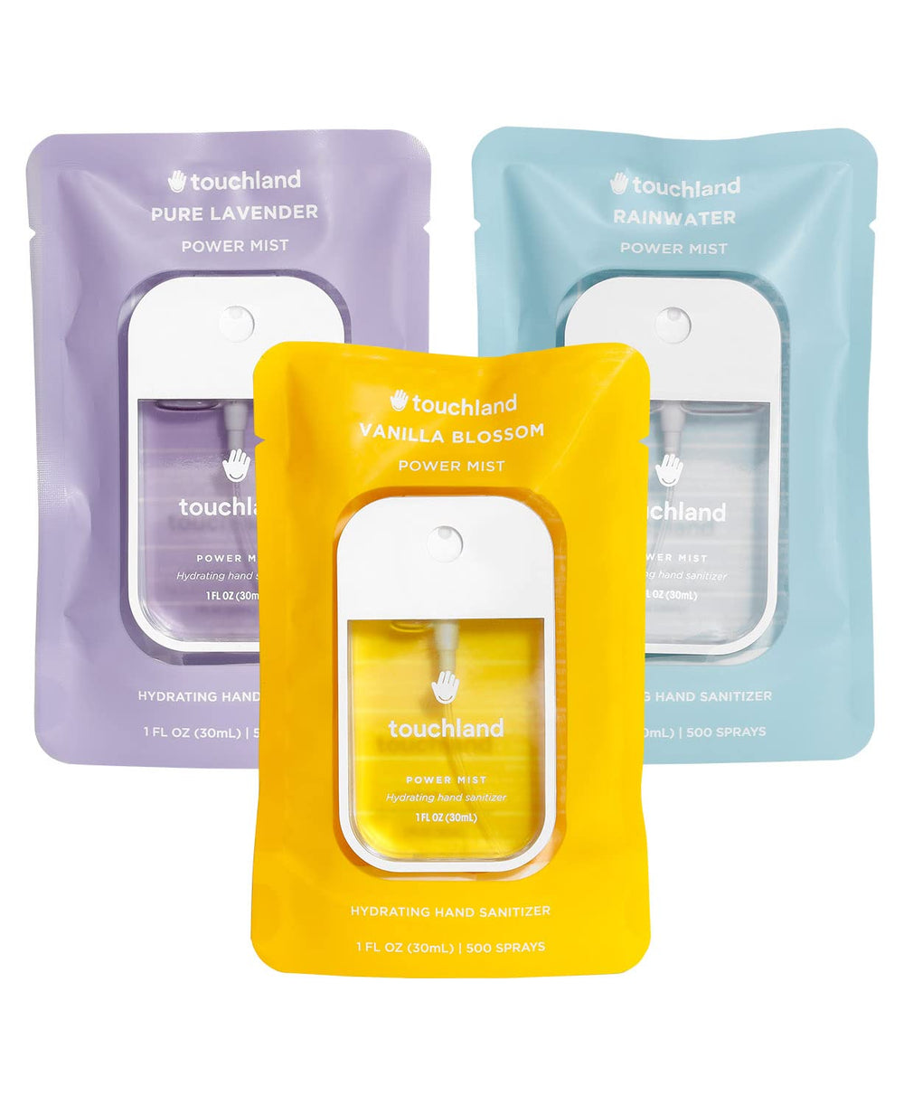 Touchland Hydrating Hand Sanitizer Spray Pure Lavender bottle close-up, refreshing scent and skin-friendly formula.