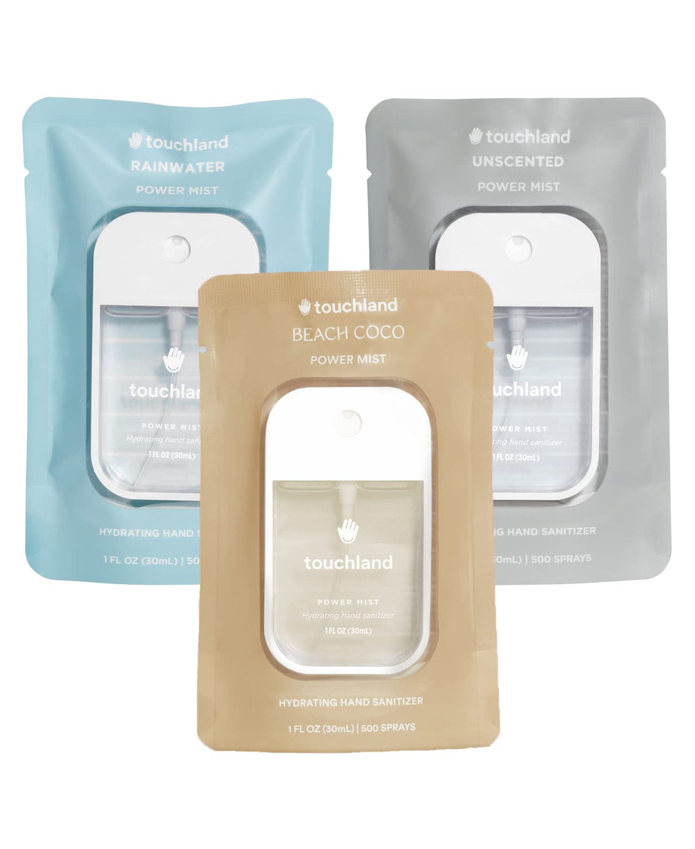 Touchland hydrating hand sanitizer spray rainwater bottle for travel-ready hygiene.