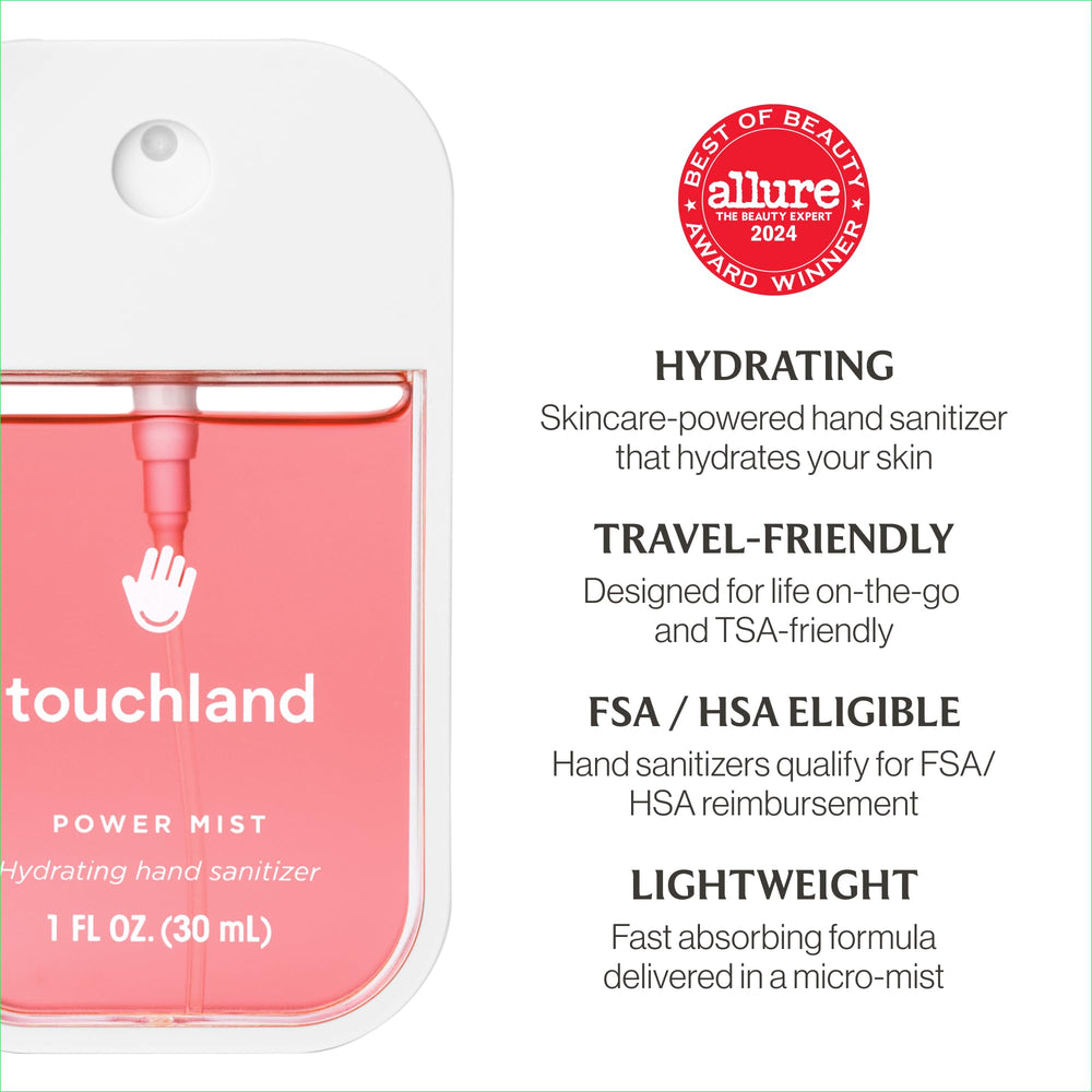 Touchland Hydrating Hand Sanitizer Spray Swatch palette reveals scent variety for mood choice.