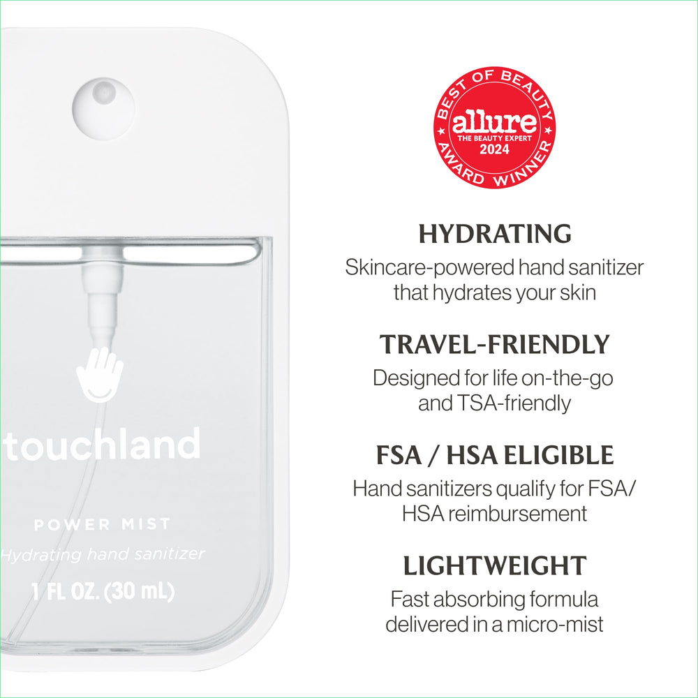 Touchland hydrating hand sanitizer spray unscented bottle for sensitive contexts.