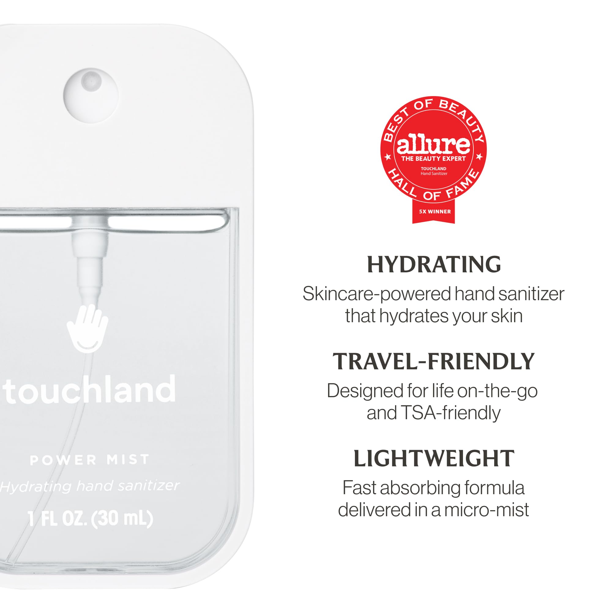 Touchland unscented trio back view bottle showing compact design for travel
