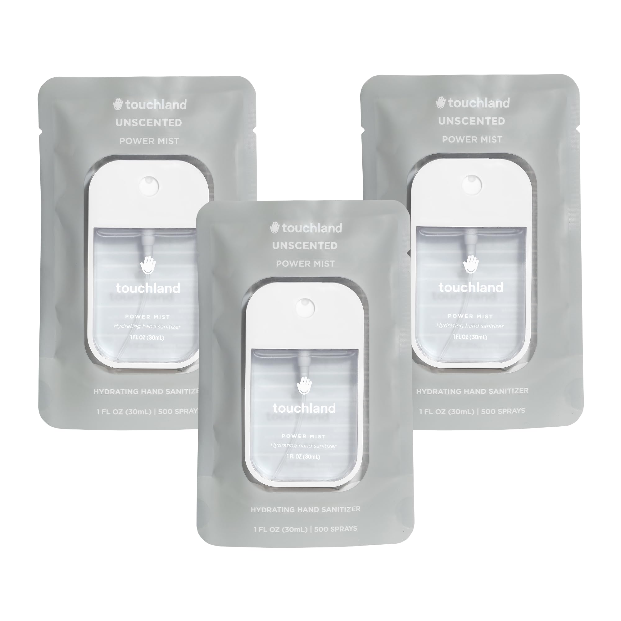 Touchland unscented trio front view sanitizer bottle for on-the-go hydration