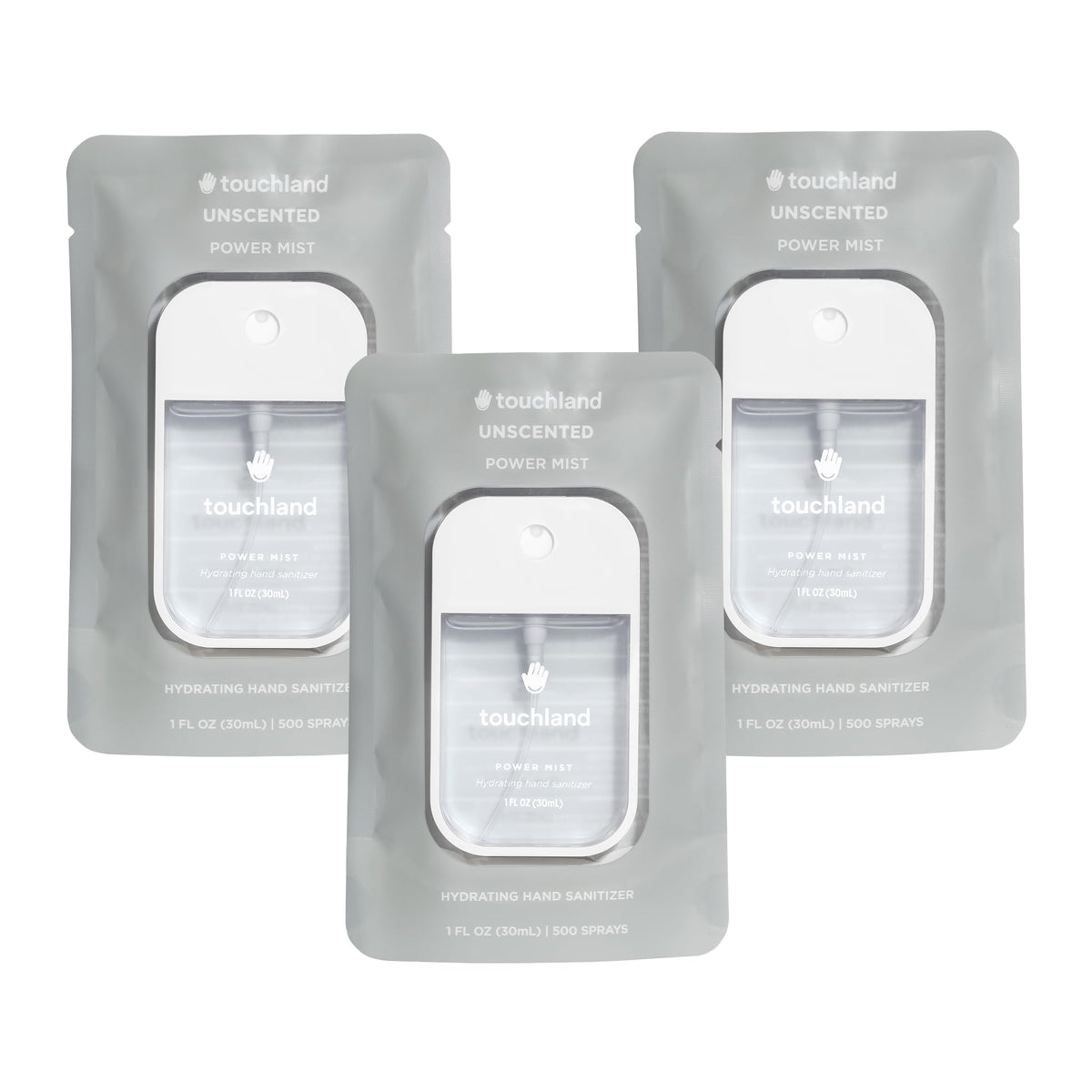 Touchland unscented trio front view sanitizer bottle for on-the-go hydration