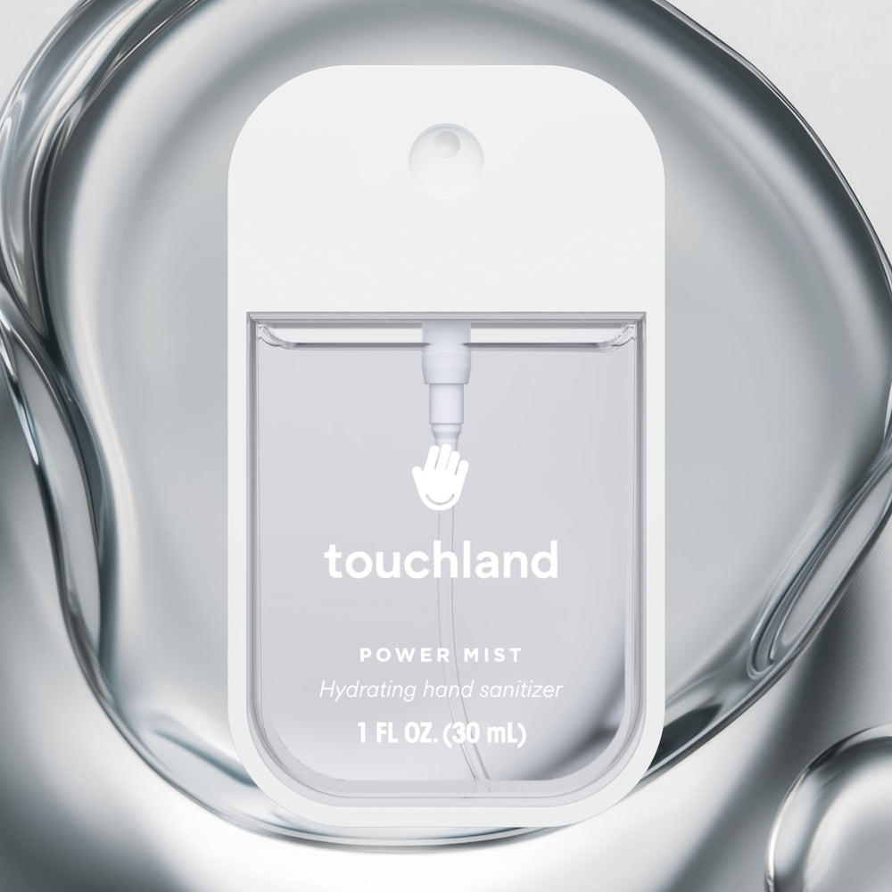 Touchland packaging box highlighting dye-free, fragrance-free formula
