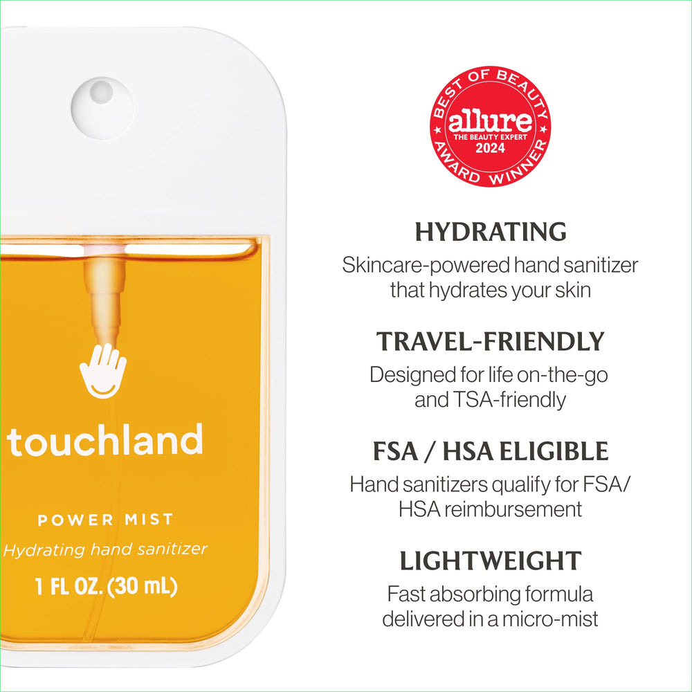 Touchland aloe-essence formula bottle close-up, evokes soothing hydration