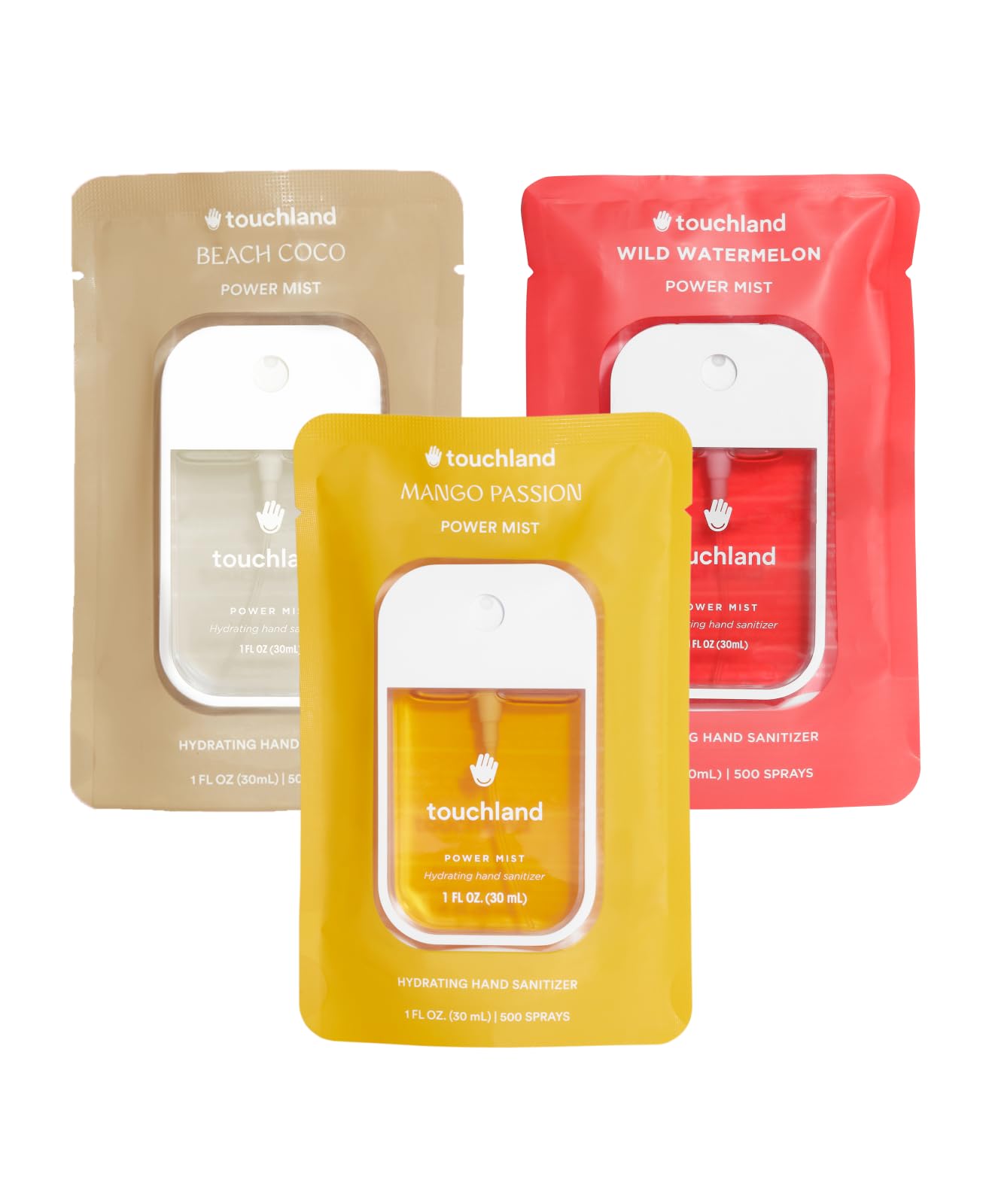 Touchland Hydrating Sanitizer Mist Mango Passion bottle close-up, refreshing moisturization for hands