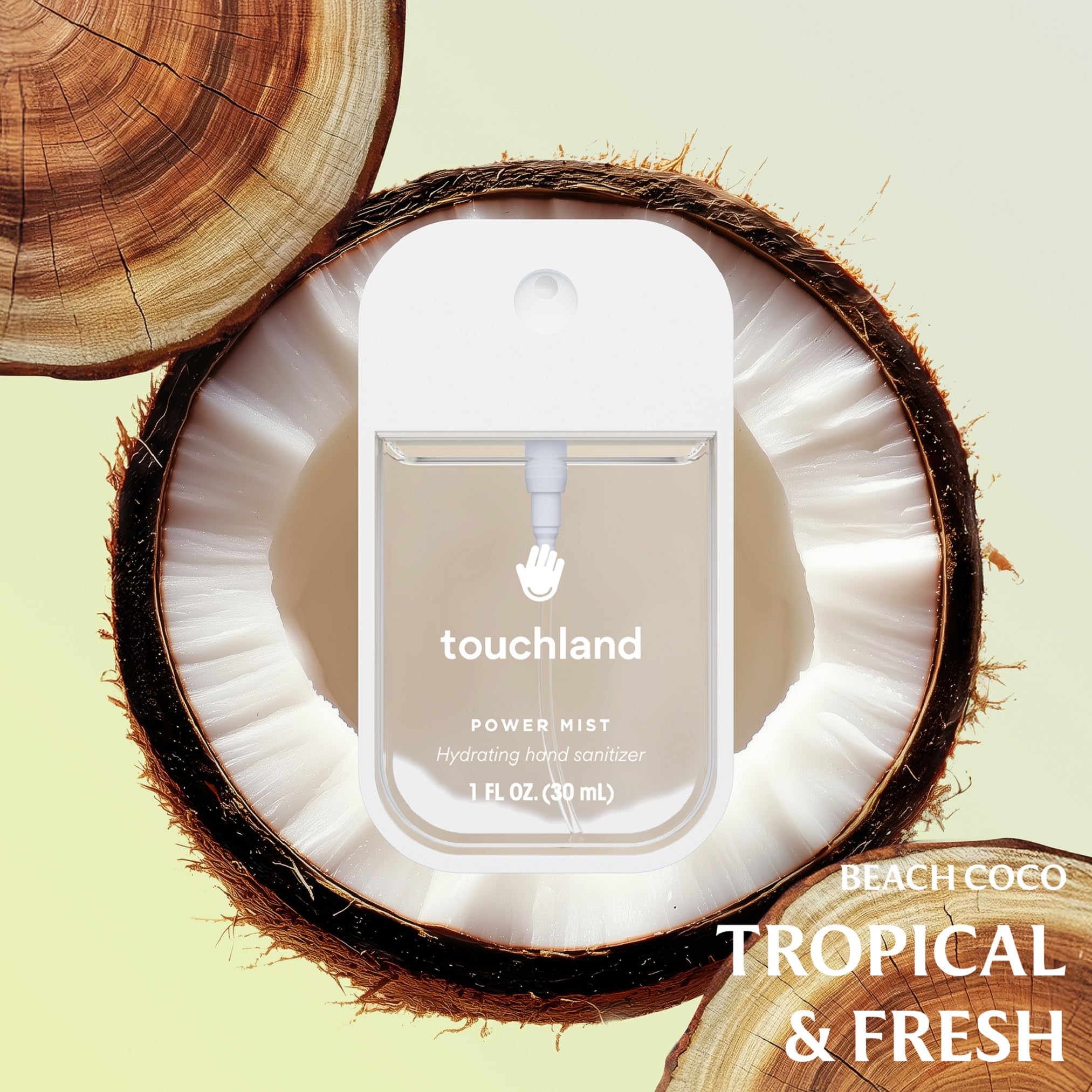 Touchland packaging display with three mists, versatile for travel and gifting