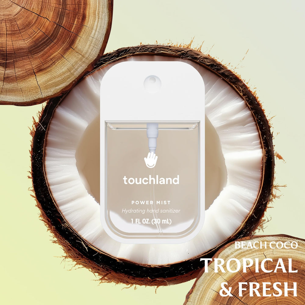 Touchland packaging display with three mists, versatile for travel and gifting