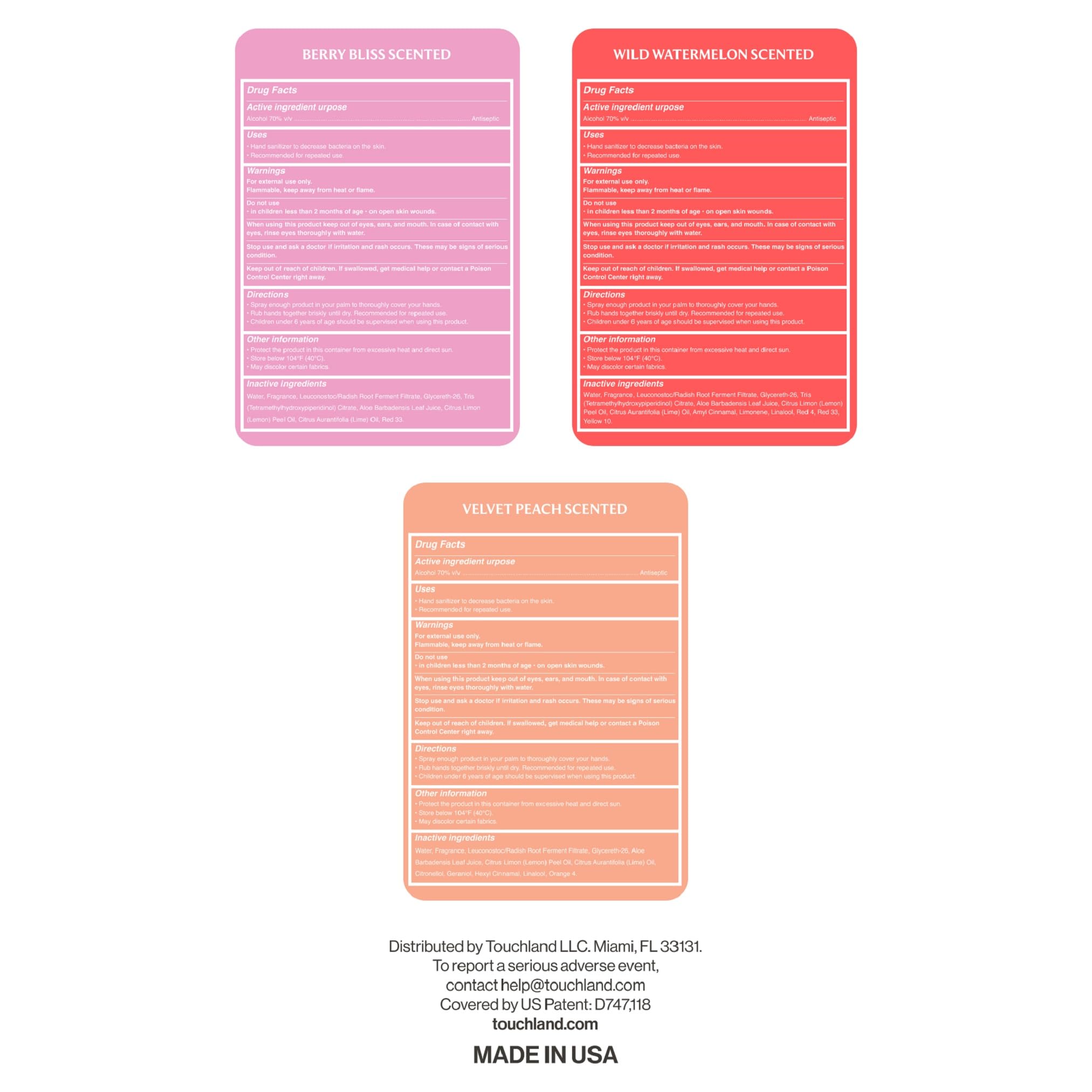 Touchland Juicy Trio set showcased with three scented mists.