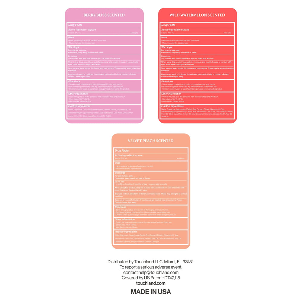 Touchland Juicy Trio set showcased with three scented mists.