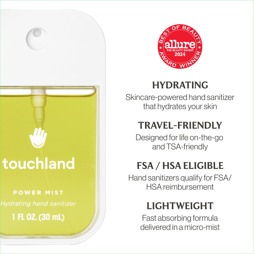 Touchland Travel Size Sanitizer Mist 1oz beside passport for on-the-go use.