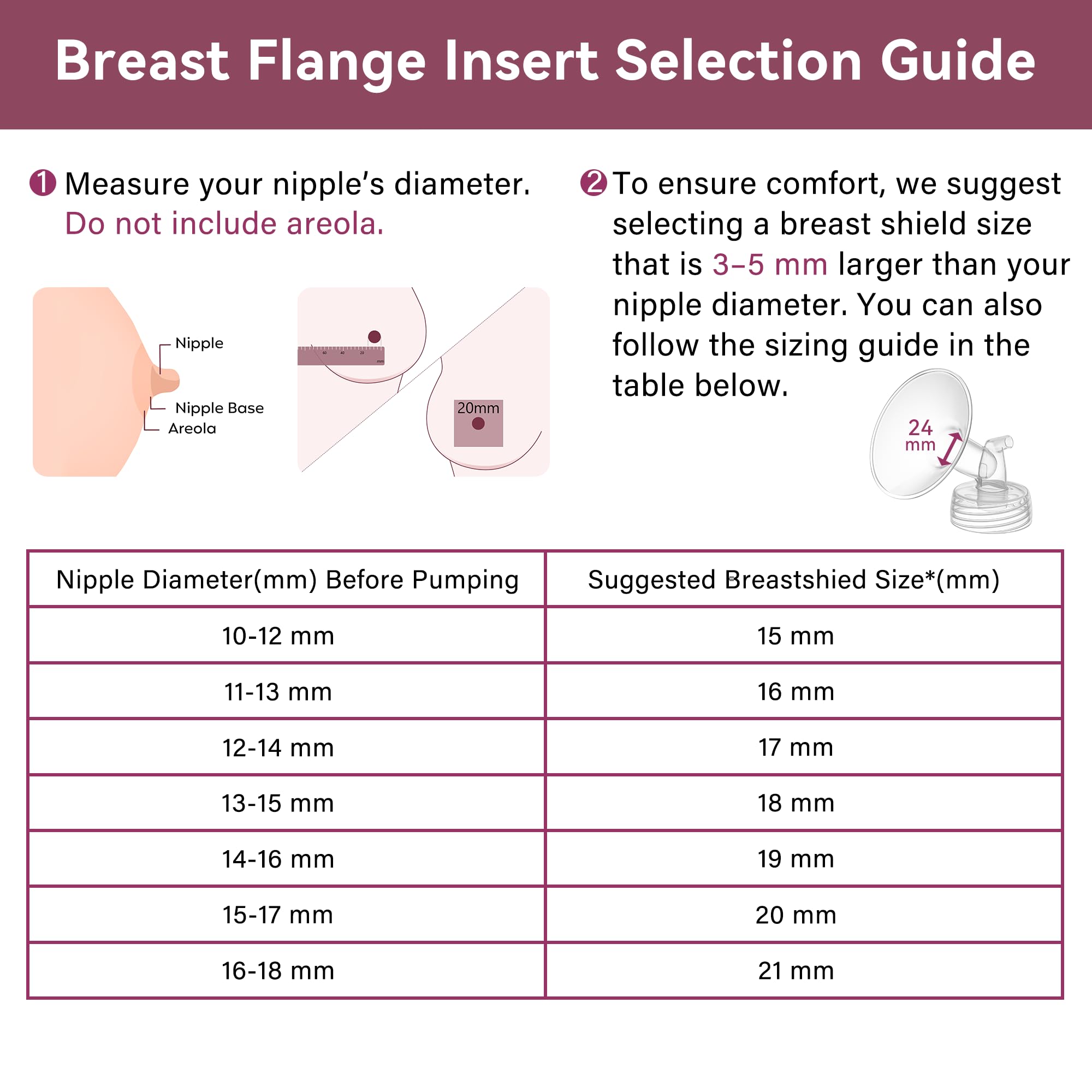 TOVVILD BPA-free silicone insert for comfortable pumping with 24mm flanges.
