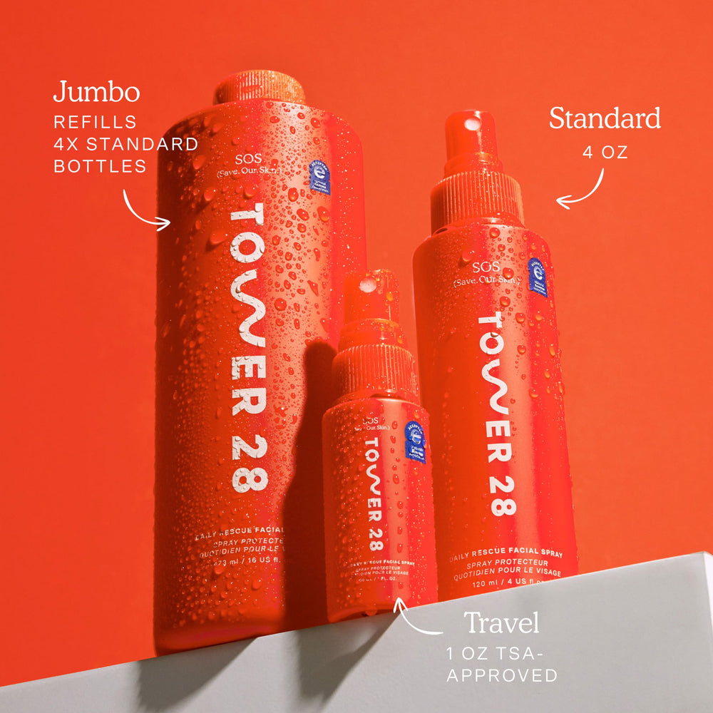 Tower 28 Jumbo SOS applied on face promotes calm, refreshed skin.