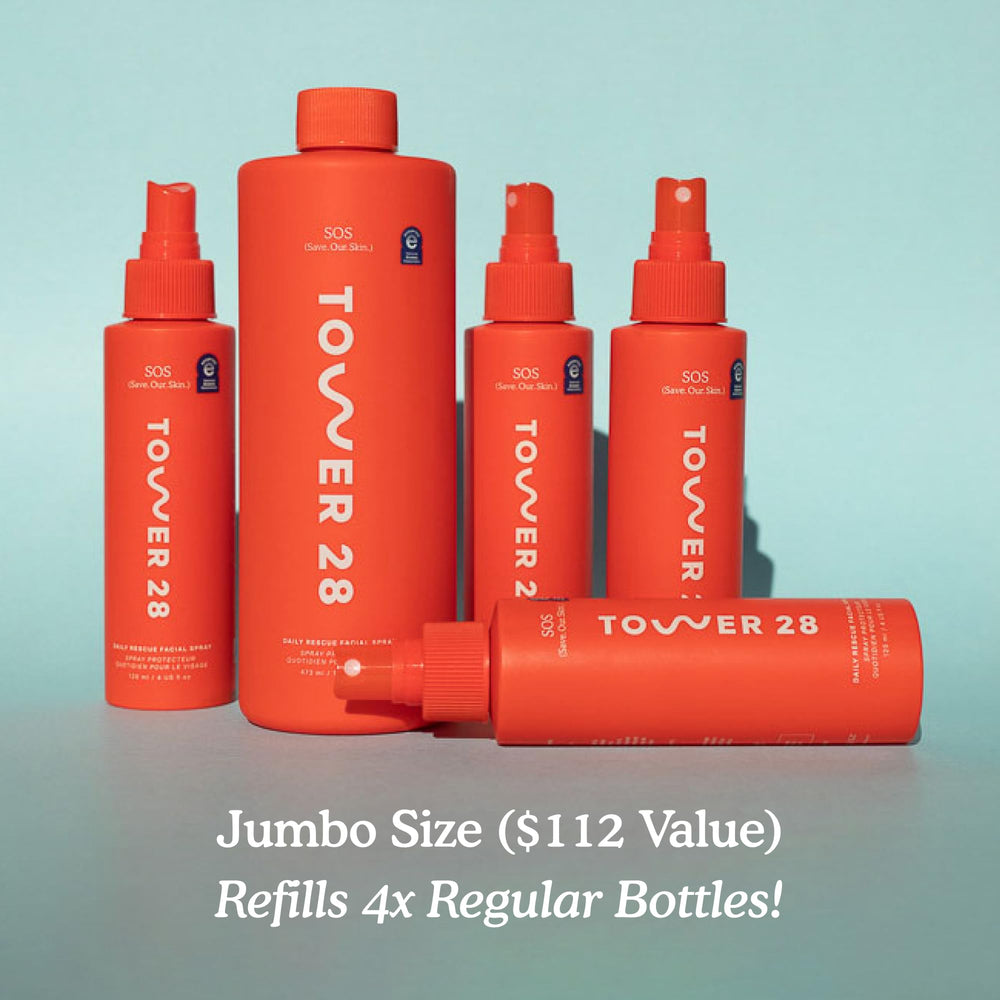 Tower 28 Jumbo SOS bottle on bathroom counter ready for post-workout care.
