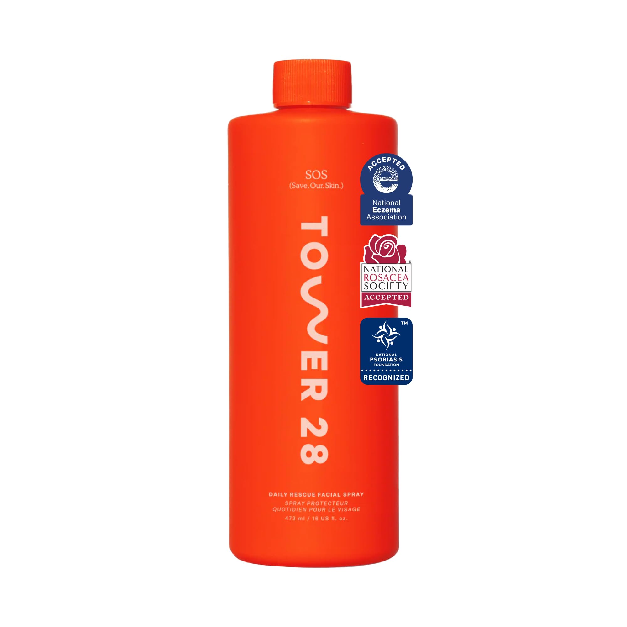 Tower 28 Jumbo SOS daily rescue face spray bottle for calming irritation.