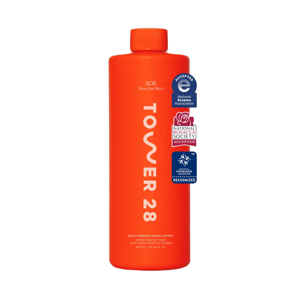 Tower 28 Jumbo SOS daily rescue face spray bottle for calming irritation.