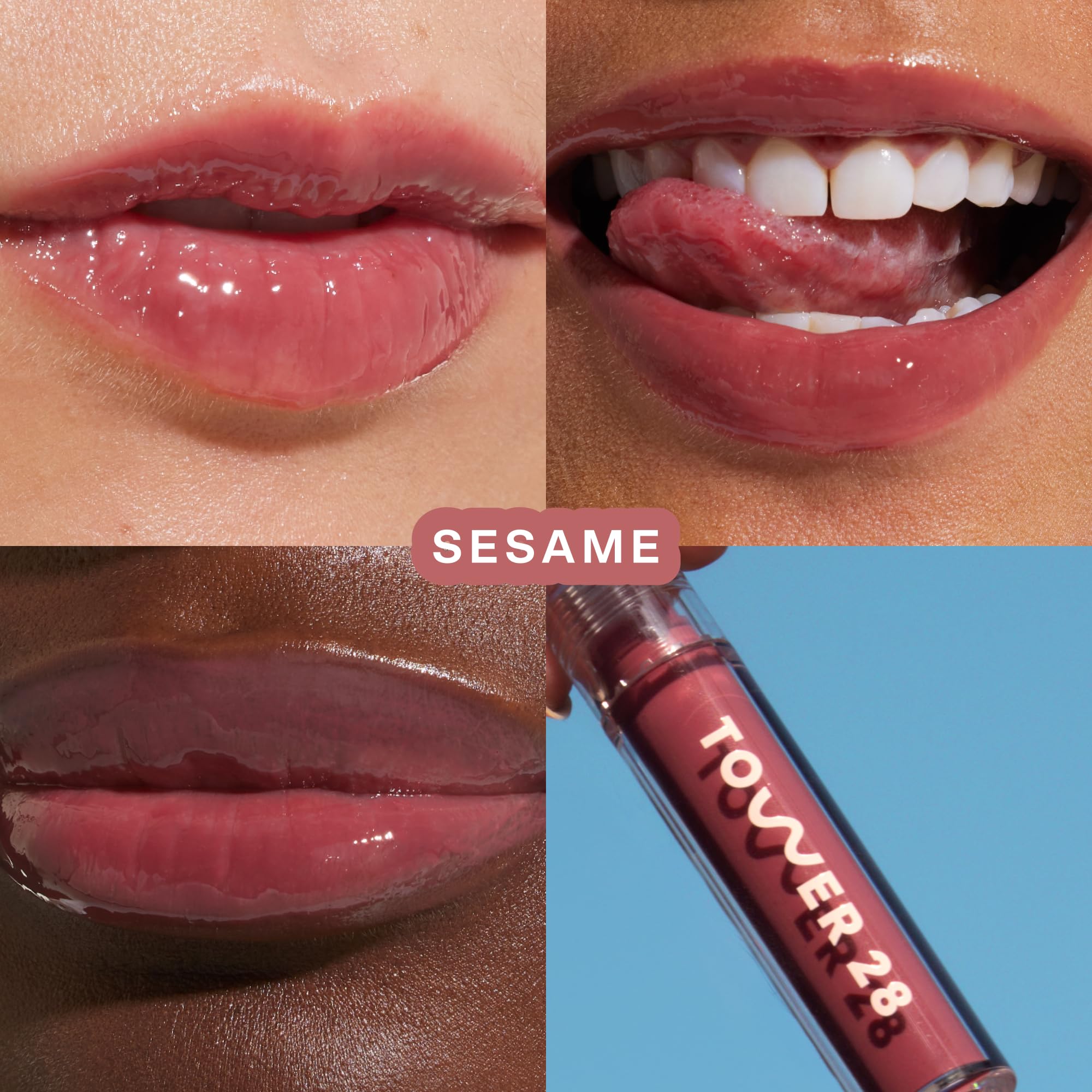 Tower 28 ShineOn Lip Gloss Jelly lips closeup highlights milky gloss and mauve shade.