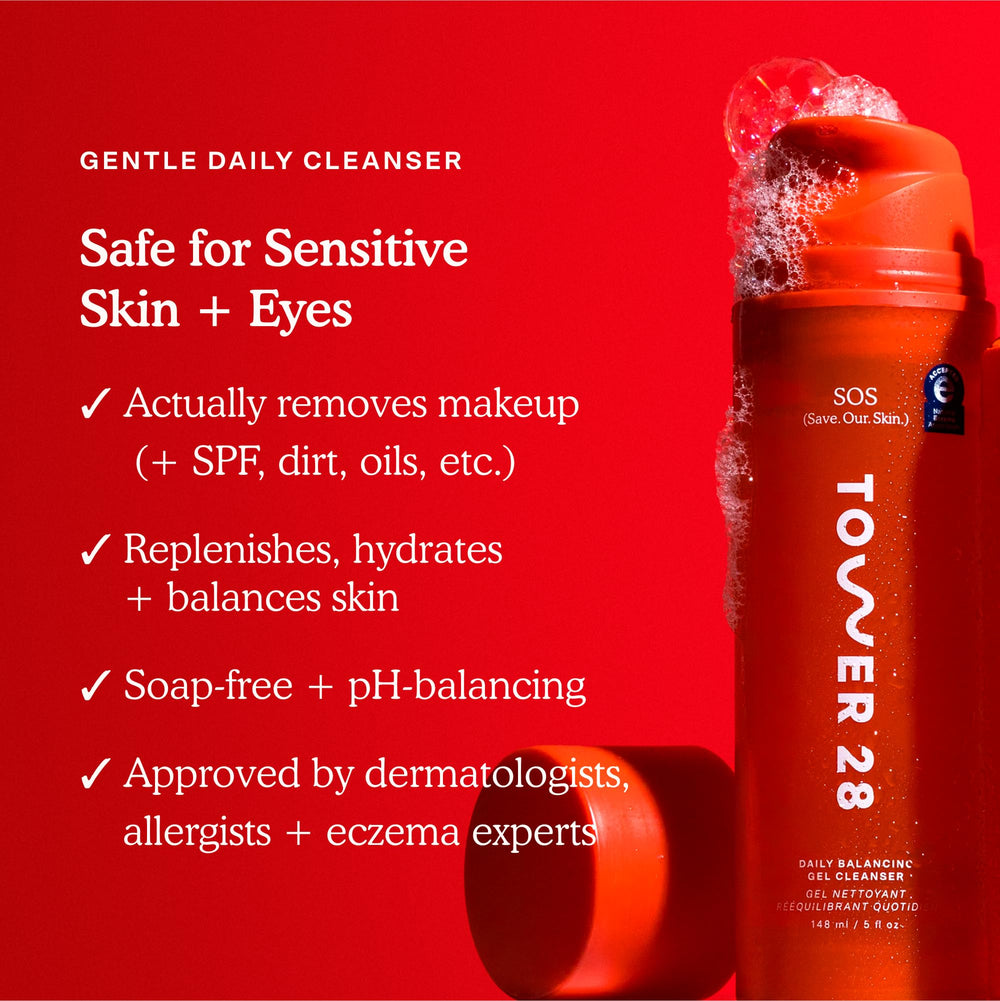 Graphic of Tower 28 SOS Gel Cleanser ingredients featuring aloe vera and oat extract