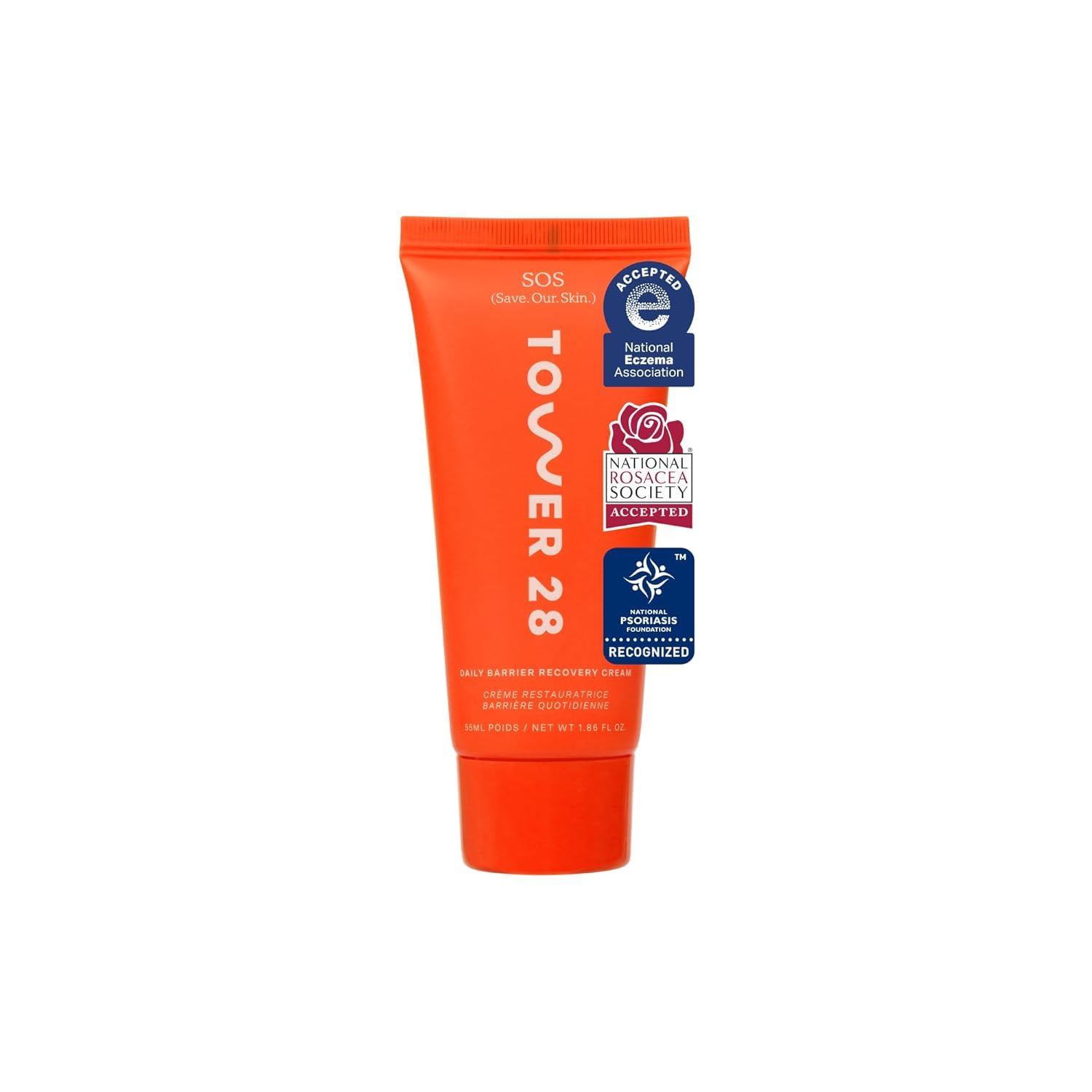Tower 28 SOS Recovery Face Cream bottle close-up showing a soothing moisturizer
