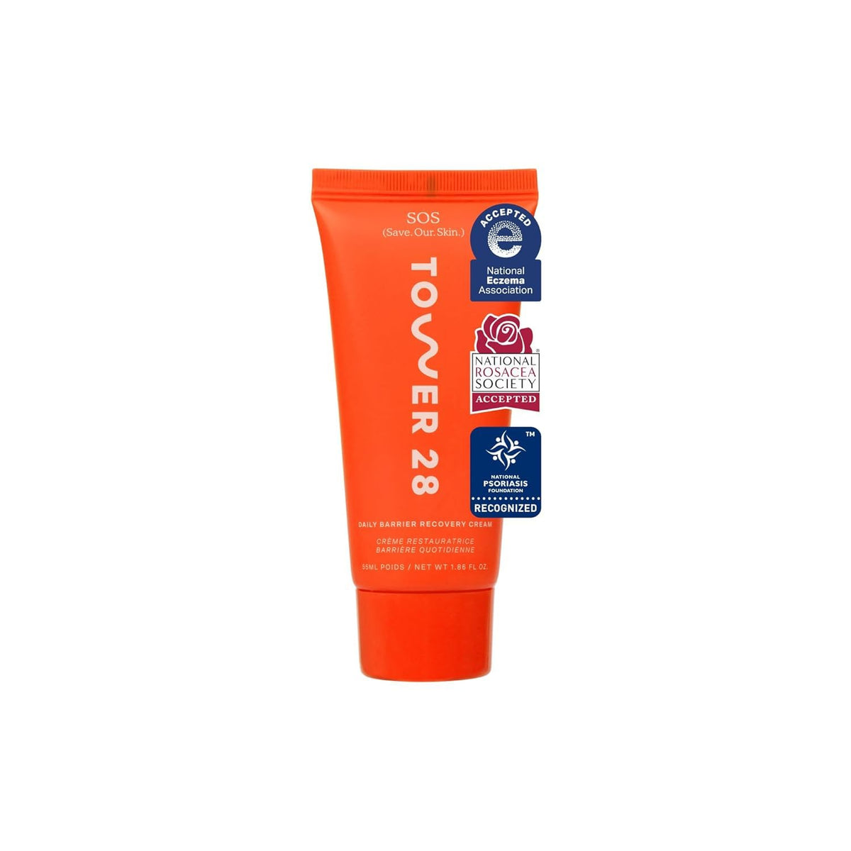 Tower 28 SOS Recovery Face Cream bottle close-up showing a soothing moisturizer