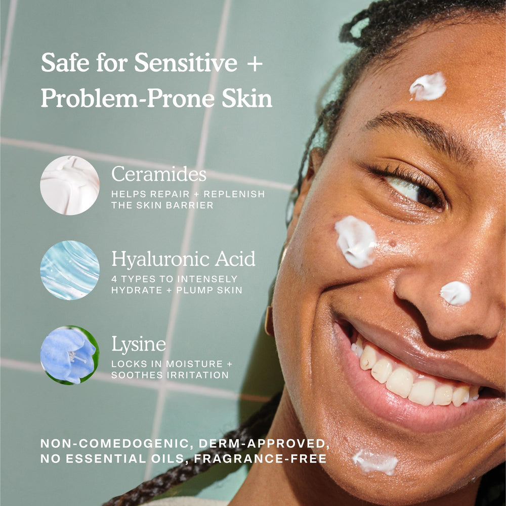 Tower 28 SOS Recovery Face Cream on cheek application shows gentle barrier support