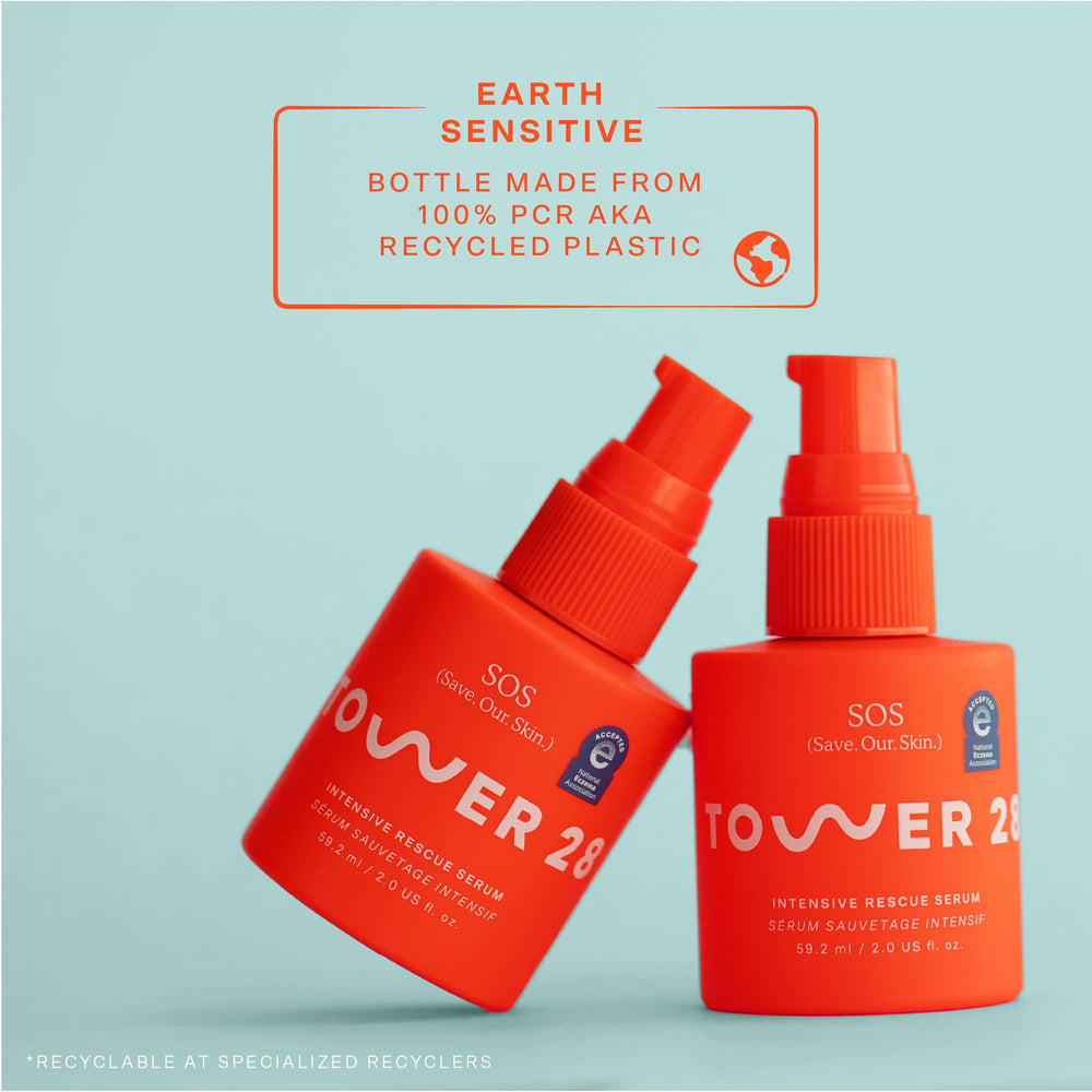 Tower 28 SOS Rescue Face Serum on clean skin, part of a morning routine.