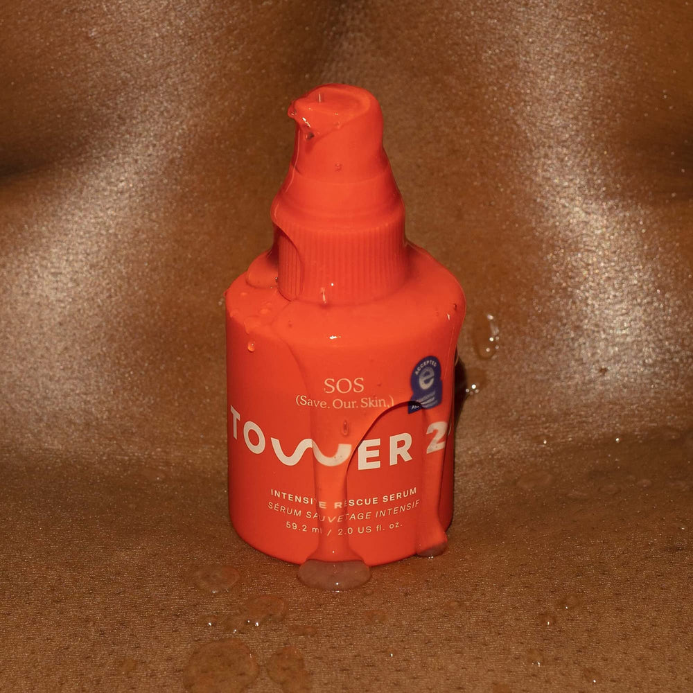 Tower 28 SOS Rescue Face Serum with SOS Spray and SOS Recovery Cream, illustrating a complete routine.