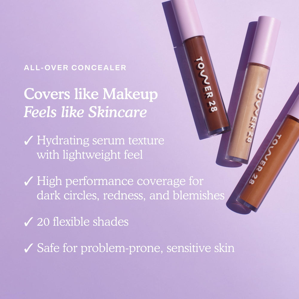 Tower 28 Swipe Serum Concealer applicator close-up for precise under-eye touch-ups.