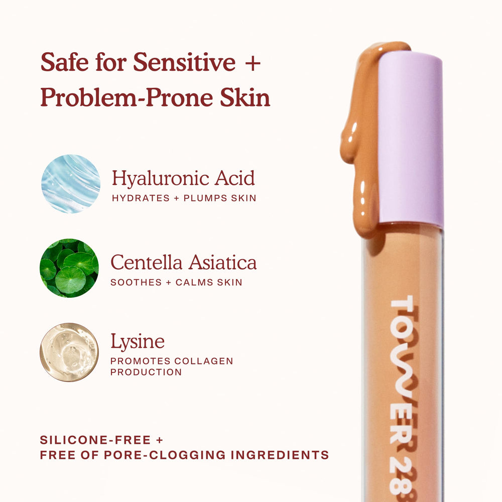 Tower 28 Swipe Serum Concealer blemish coverage close-up illustrating medium-buildable coverage.