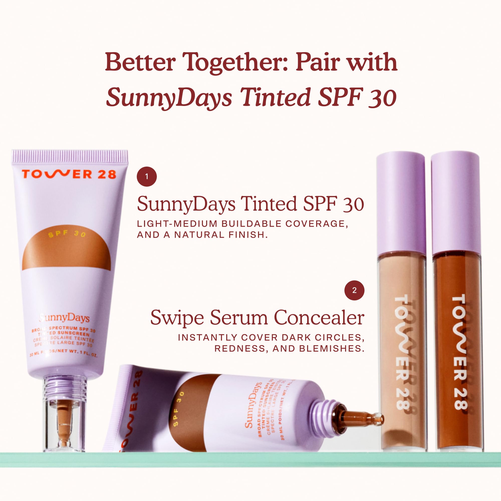 Tower 28 Swipe Serum Concealer natural finish close-up highlighting skin-like coverage.