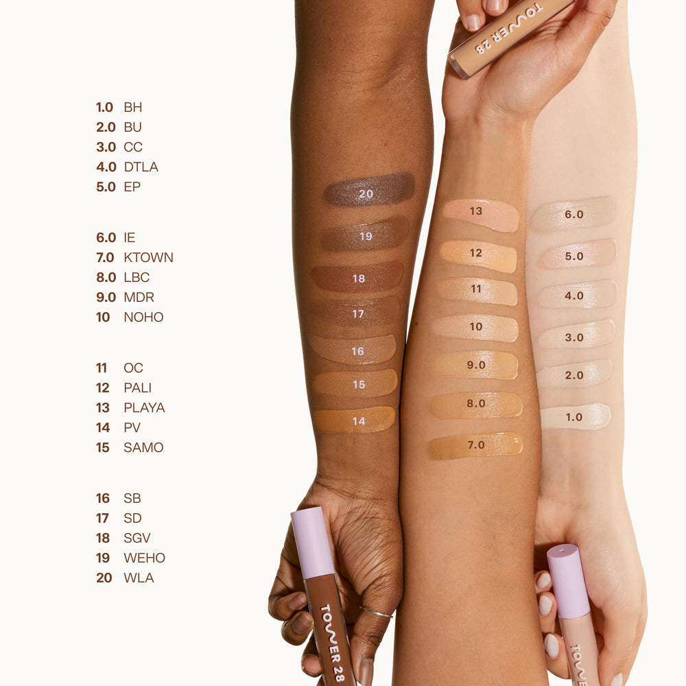 Tower 28 Swipe Serum Concealer under-eye application demonstrating brightening and smooth finish.