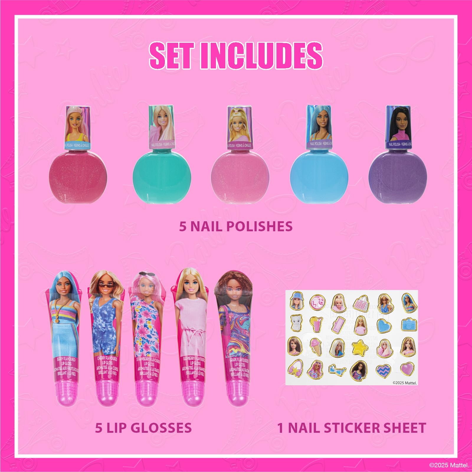 Townley Girl Barbie lip gloss tubes with shimmering color for kid-safe shine.