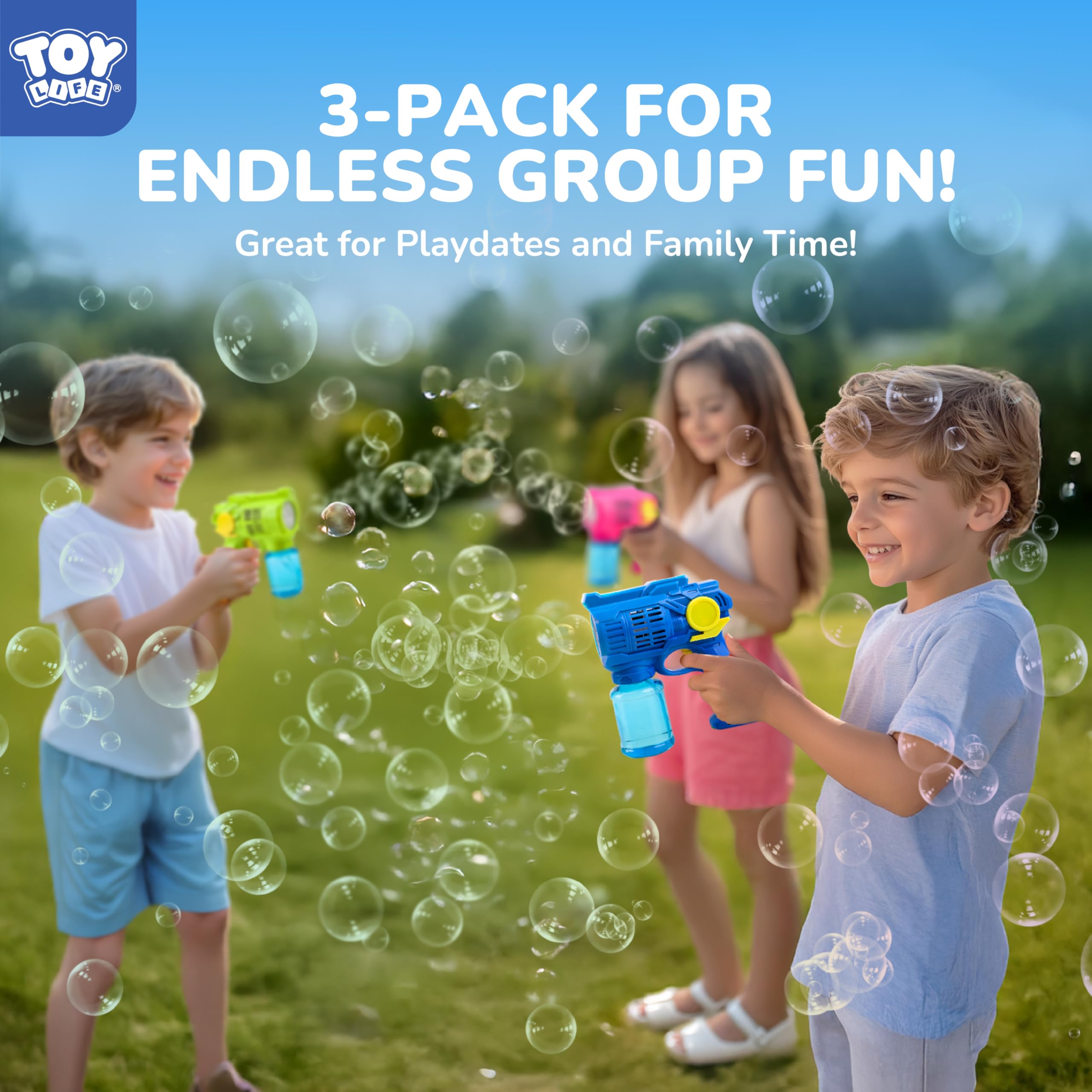 TOY Life Bubble Guns in bright colors for engaging outdoor activity.