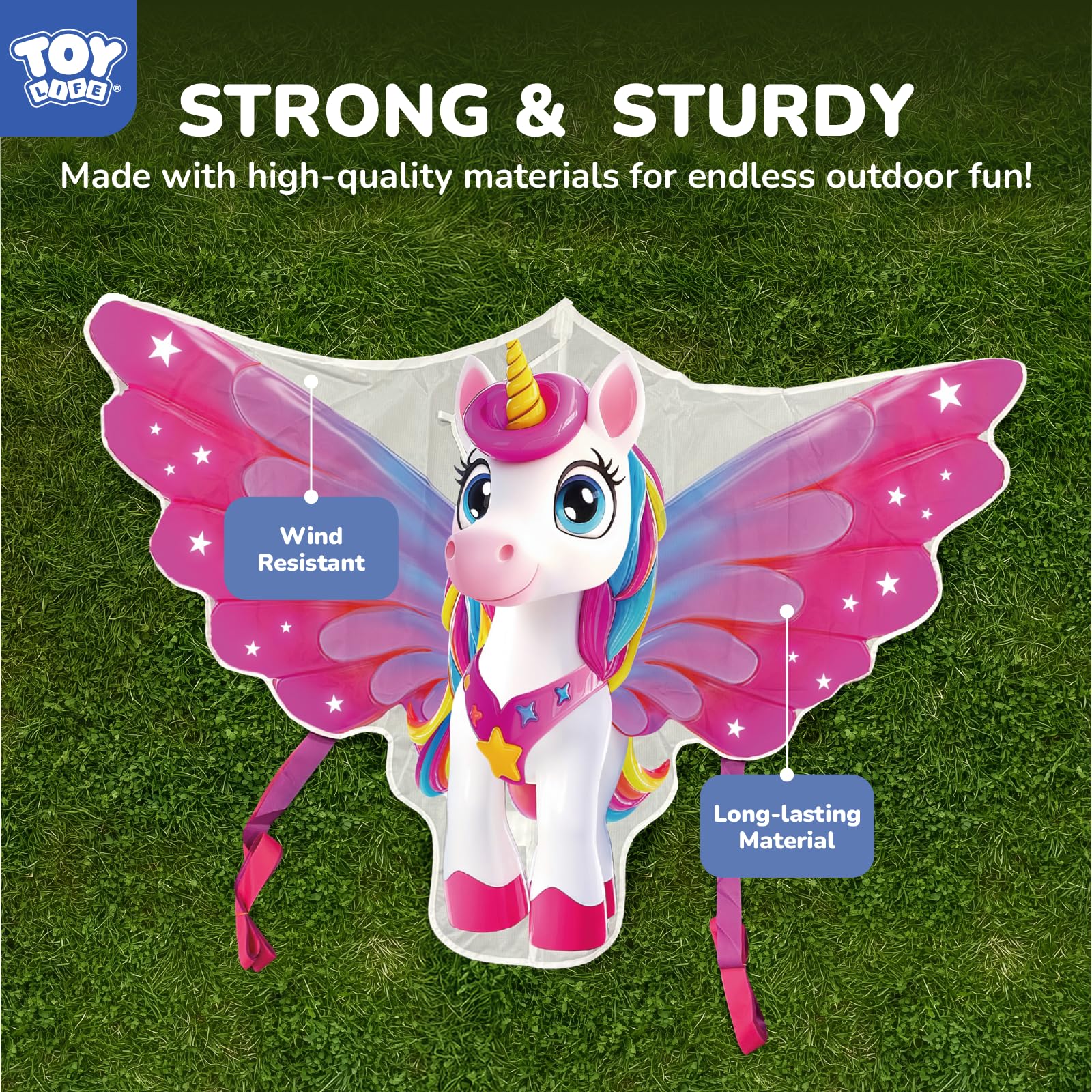 TOY Life Unicorn Kite with 600D string and easy-grip handle for setup