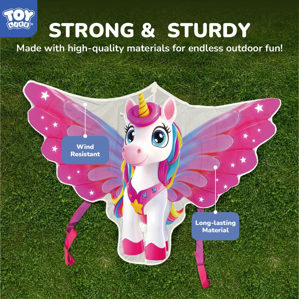 TOY Life Unicorn Kite with 600D string and easy-grip handle for setup