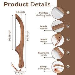 TOYIKOM wooden-handle bread knife with ergonomic grip for comfortable use.