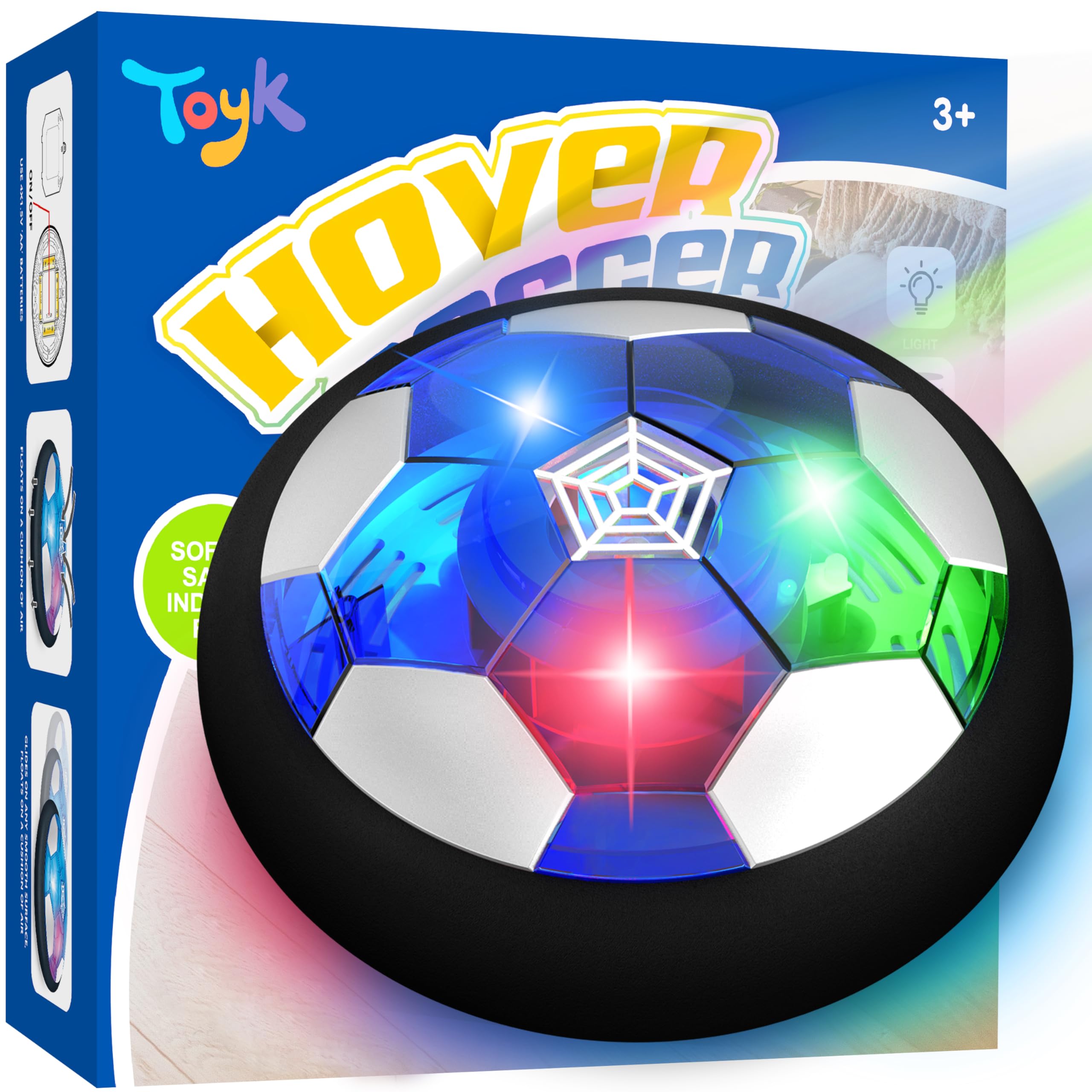 Toyk Hover Soccer Ball gliding on air cushion with LED lights for indoor play
