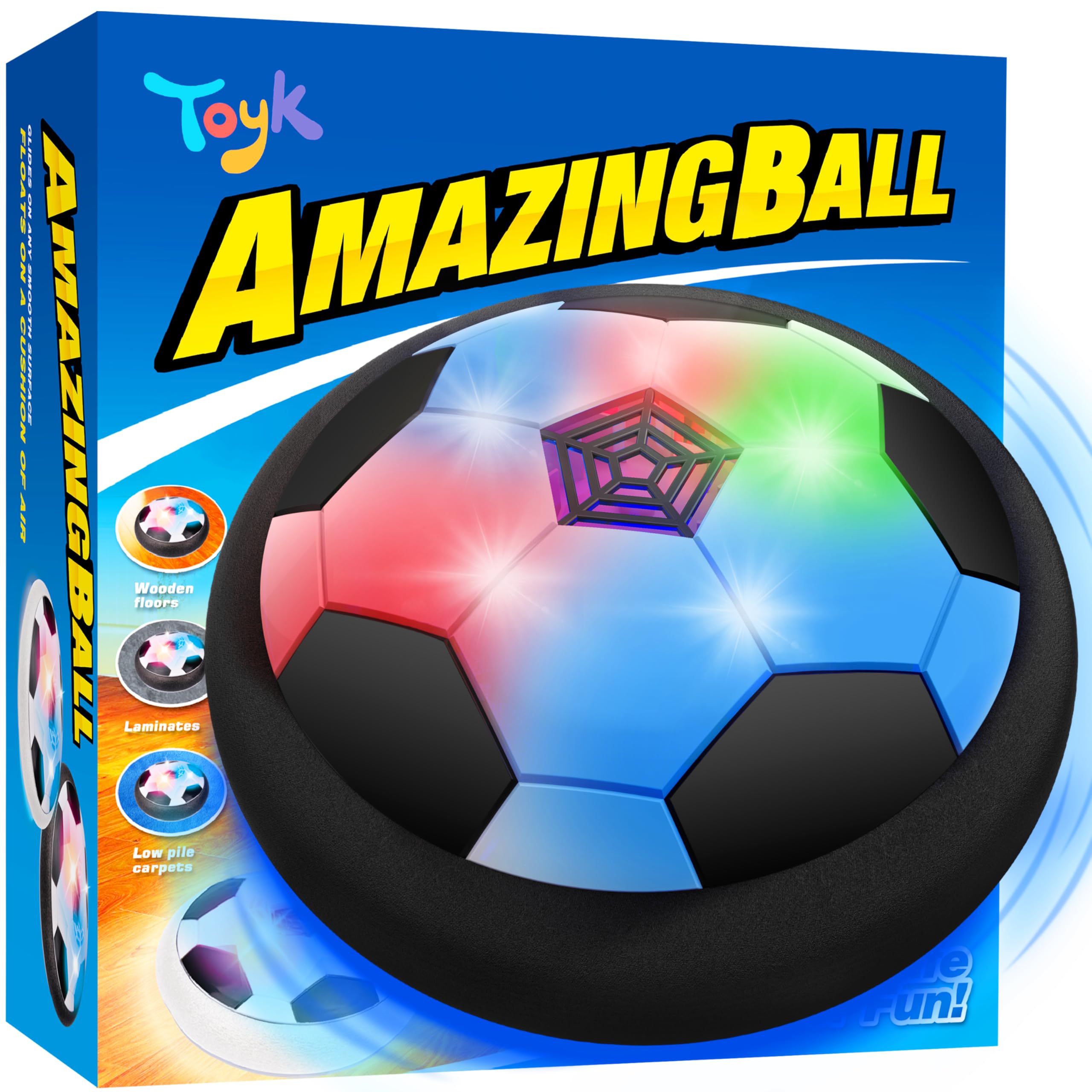 Toyk LED hover soccer ball in action floats over flat surfaces for indoor play