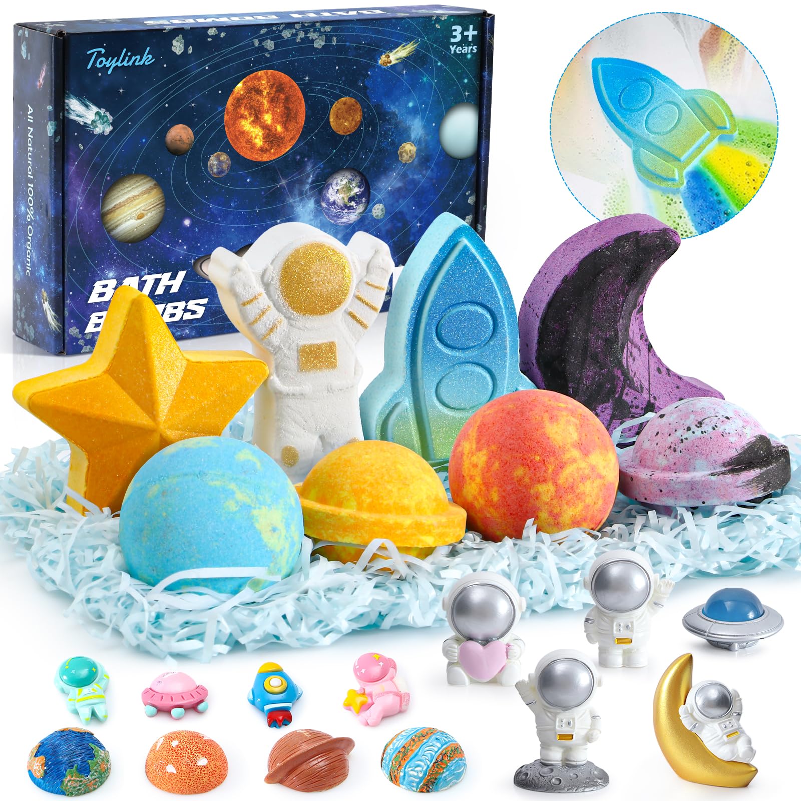 Toylink Space Bath Bombs inside toy reveal a surprise during bath time.
