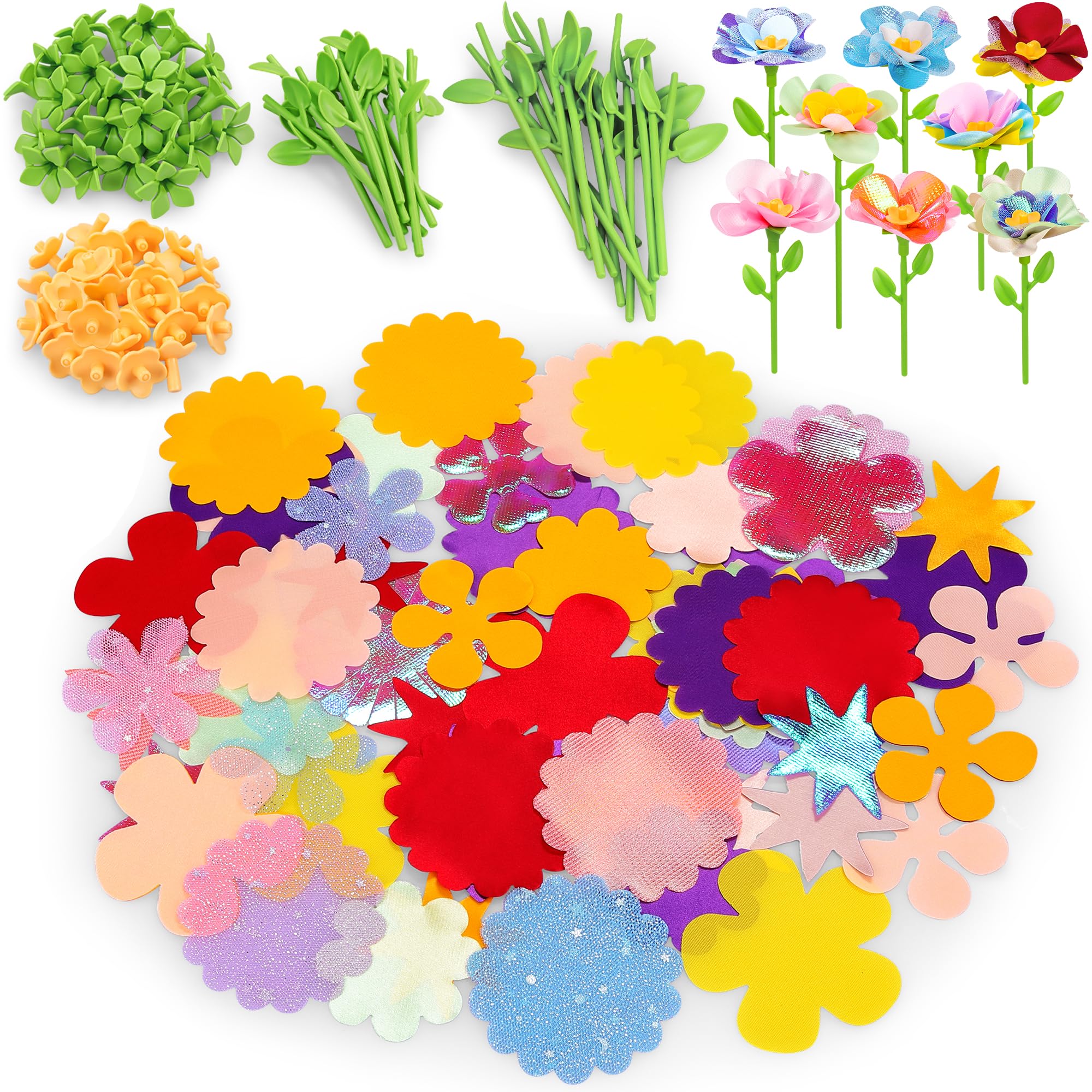 Toyly DIY fabric flower bouquet assembly showing colorful pieces for creative play