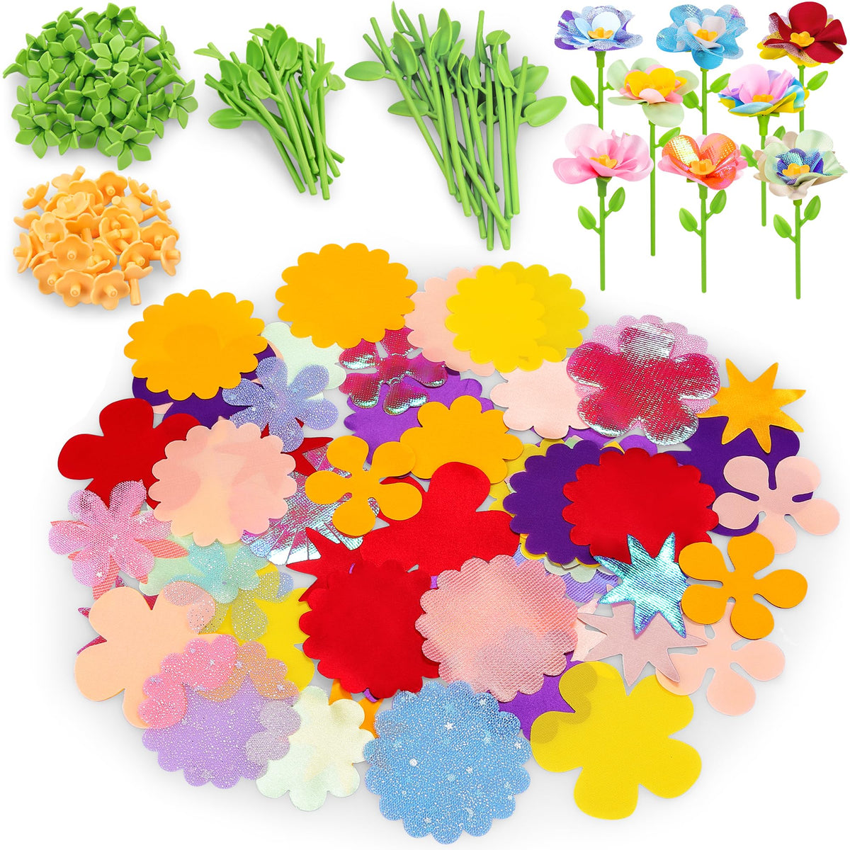 Toyly DIY fabric flower bouquet assembly showing colorful pieces for creative play