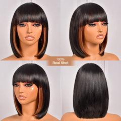Toyotress bangs wig on model highlights soft, brushable hair for all-day wear.