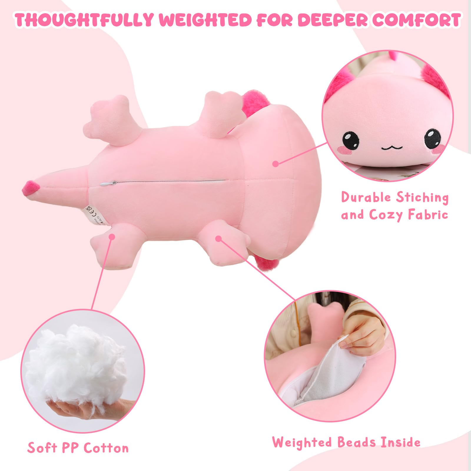 TOYSYM Axolotl weighted plush hug pose demonstrates portable comfort